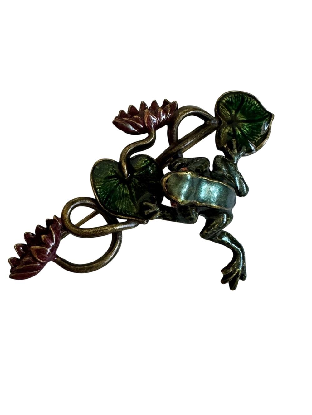 Sweet Romance USA Bronze Tone Frog Lily Pad Brooch Womens Estate Jewelry Vintage